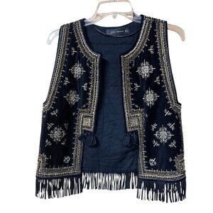 Zara Woman Velvet Embroidered Fringe Vest – Small